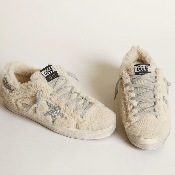 Golden Goose Shoes - New Golden Goode Super-Star Beige Shearling Silver Glitter Star Sneakers Size 37